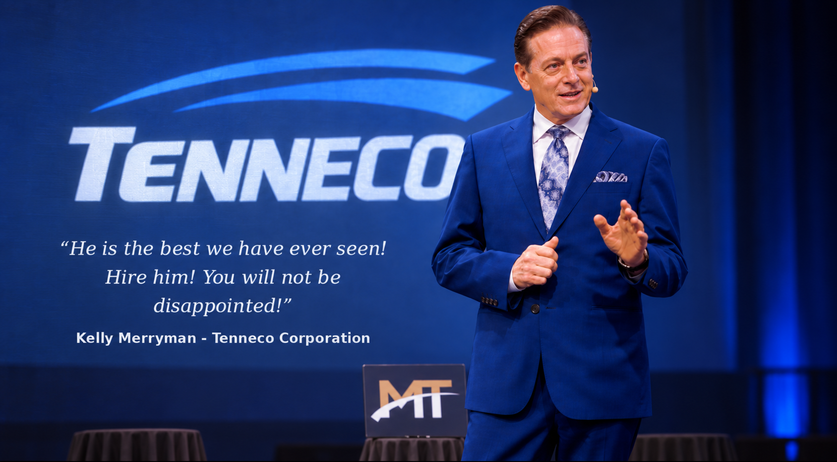 Mike Thornton performing for Tenneco, with a testimonial from Kelly Merryman