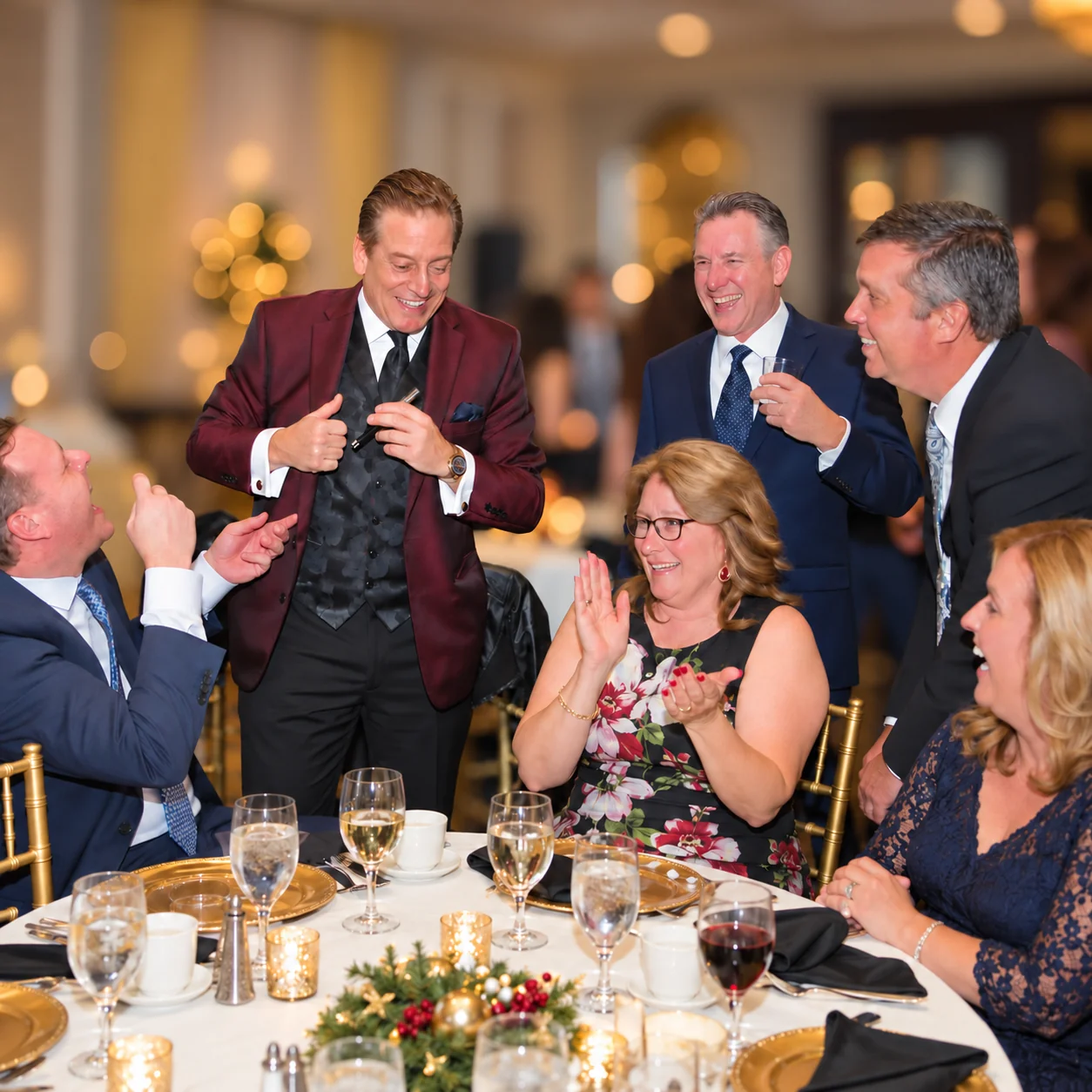 Mike Thornton in a burgundy jacket performing magic with a guest