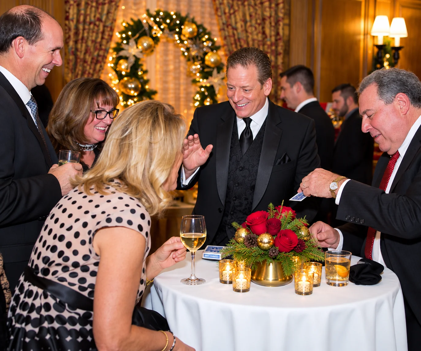 Mike Thornton sharing close-up magic and laughter with guests around a cocktail table