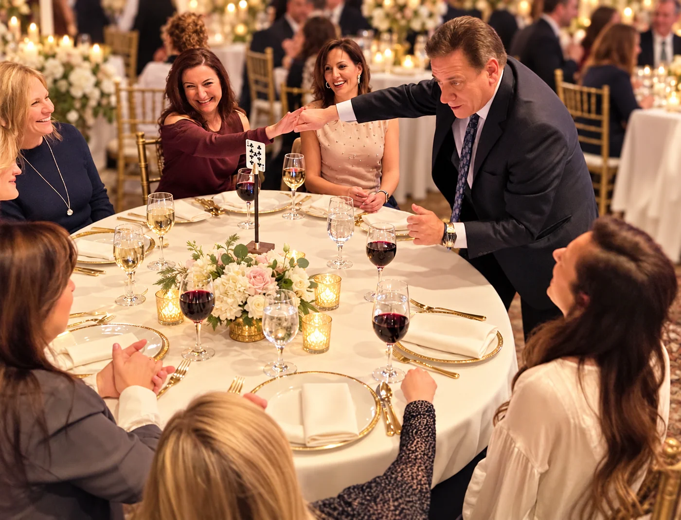 Guests sharing laughter as Mike performs a close-up card trick at a wedding table